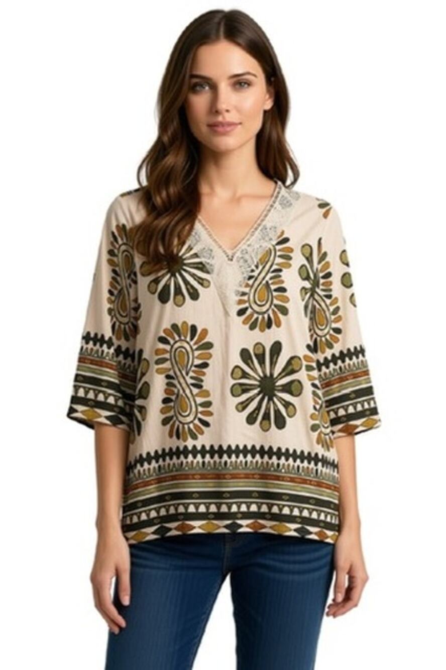 LOMON Botique Women's Size S Bohemian 3/4 Sleeve Top